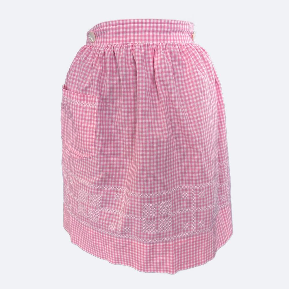 VTG Pink Gingham Hand-Stitched Cross-Stitch Waist Apron Charming Retro Kitchen